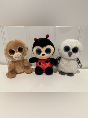TY Beanie Boos Set of 3, Monkey Tangerine, Izzy LadyBug, Owl Spells